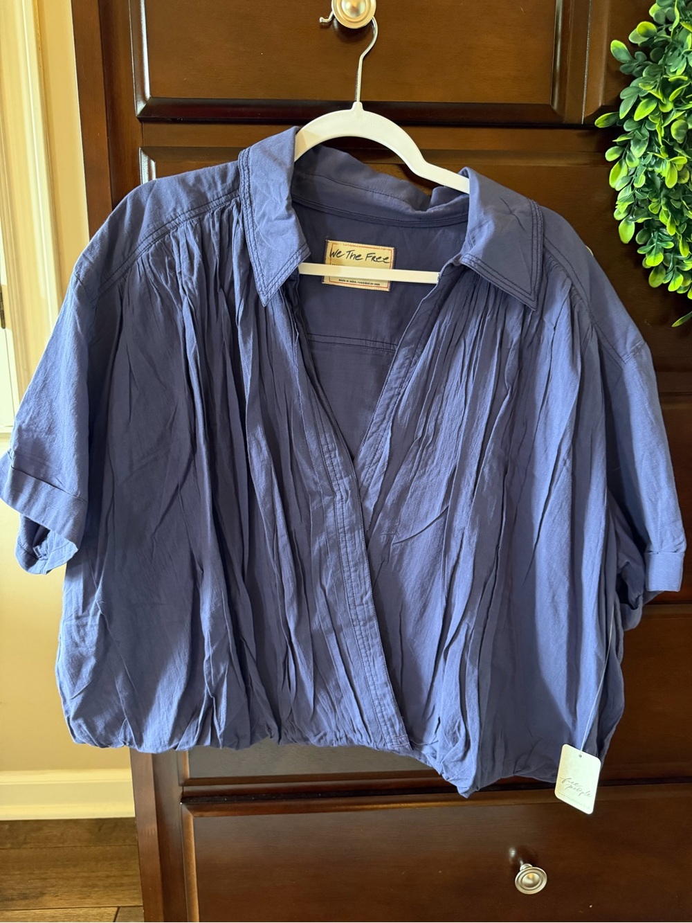 We The Free Navy Button-Front Shirt with Beige Label